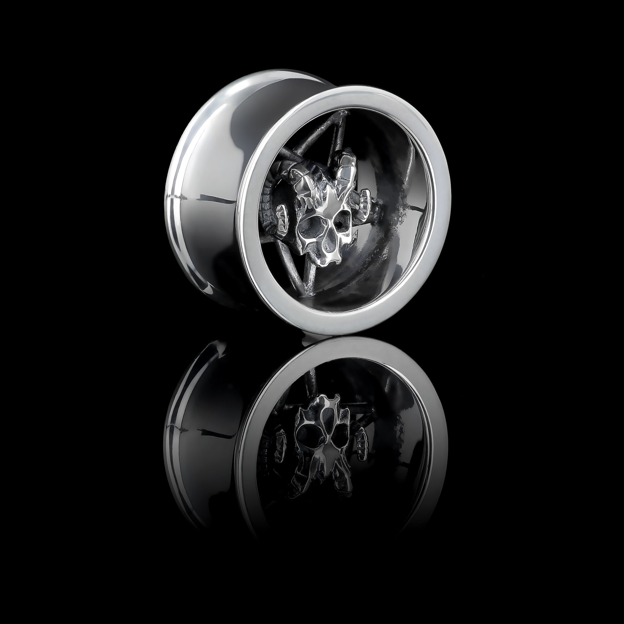 666 – Satanic Cross and Demon Skull Sterling Silver Ear Tunnel