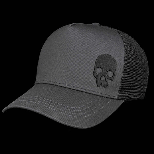Charcoal trucker cap with 3D Jolly Roger skull embroidery