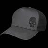 Charcoal trucker cap with 3D Jolly Roger skull embroidery