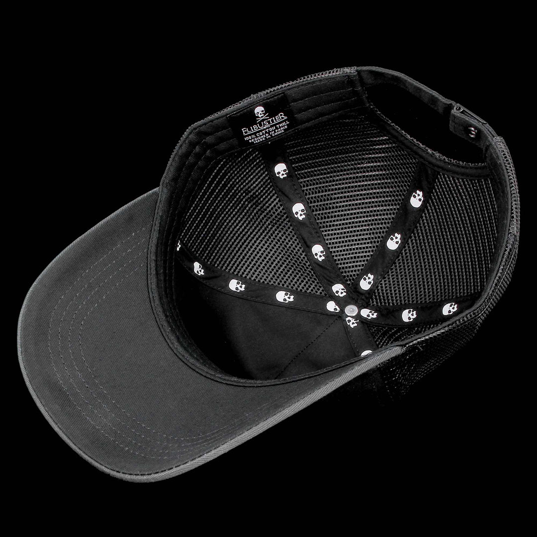 Charcoal trucker cap with 3D Jolly Roger skull embroidery