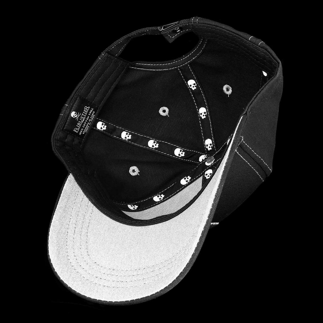 Jolly Roger black 3D skull embroidery cap with white accents