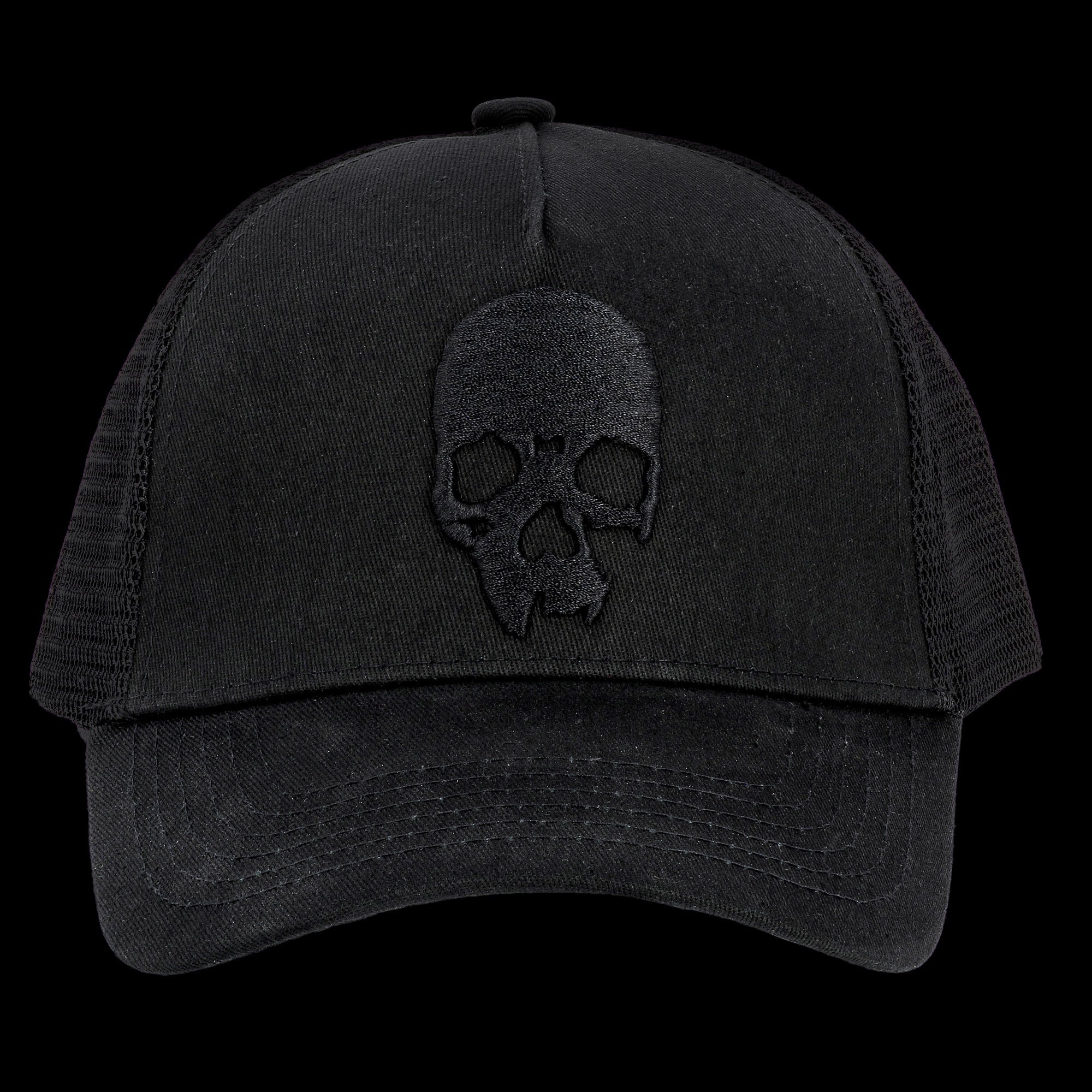 Trucker baseball Cap with 3D Jolly Roger skull embroidery - Black