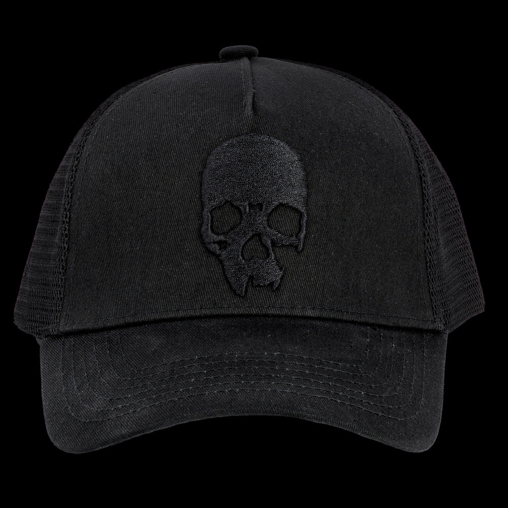 Trucker baseball Cap with 3D Jolly Roger skull embroidery - Black