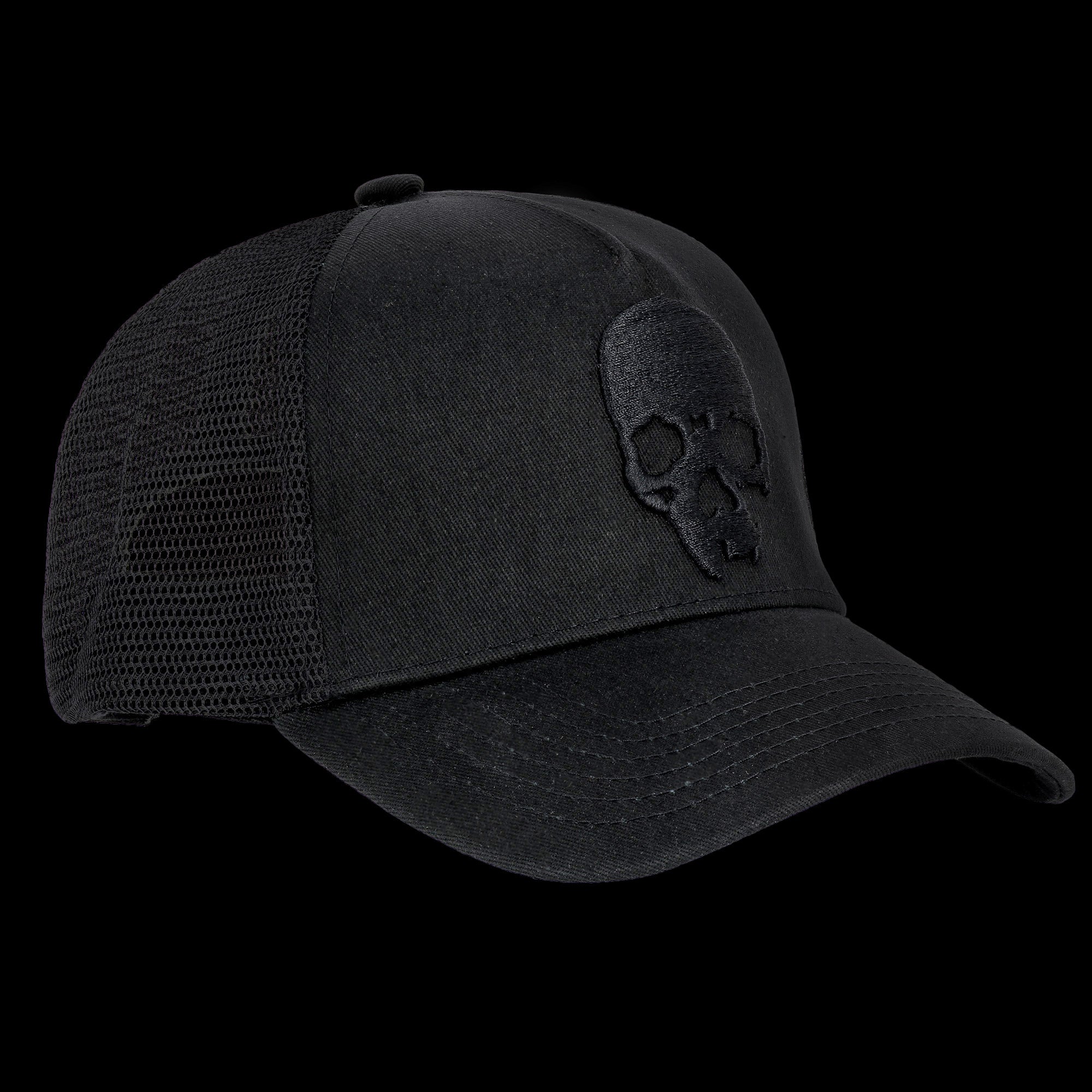 Trucker baseball Cap with 3D Jolly Roger skull embroidery - Black