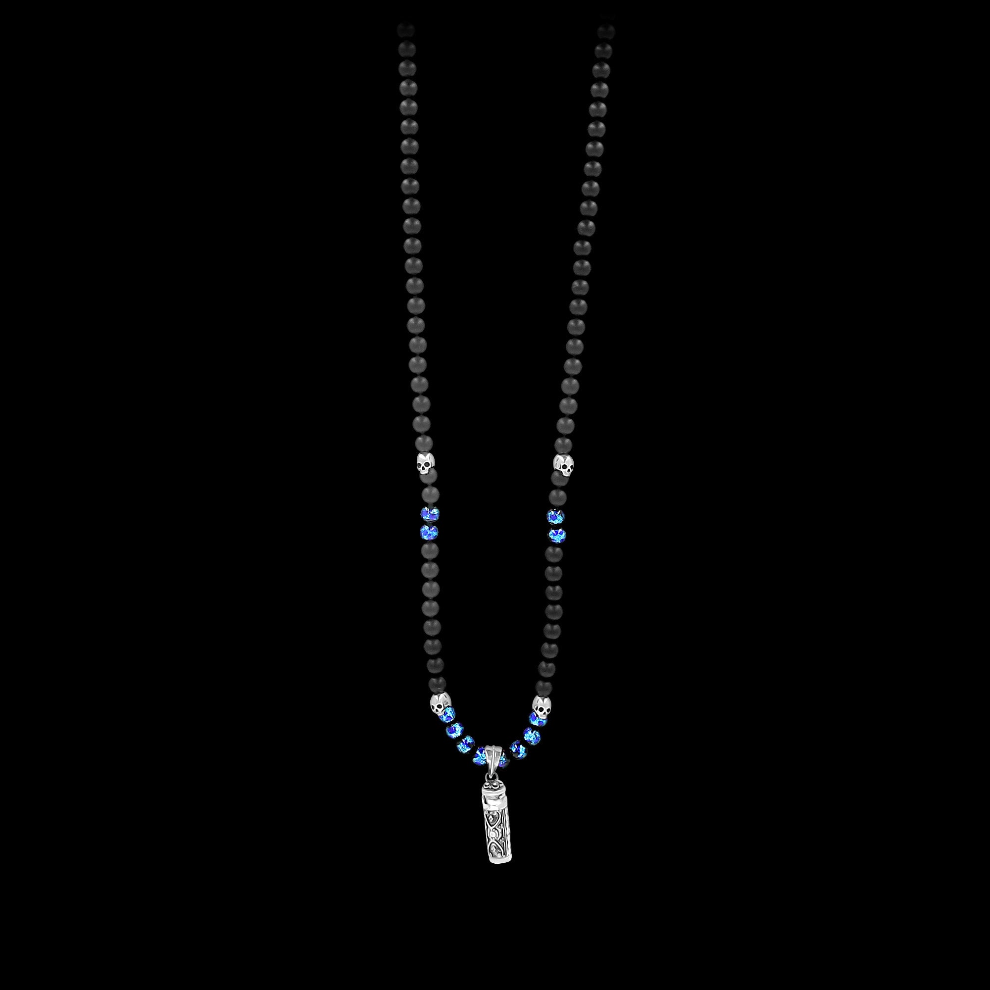 Leucosia - Gemstones necklace, Hotaru pearls and Sterling silver skulls