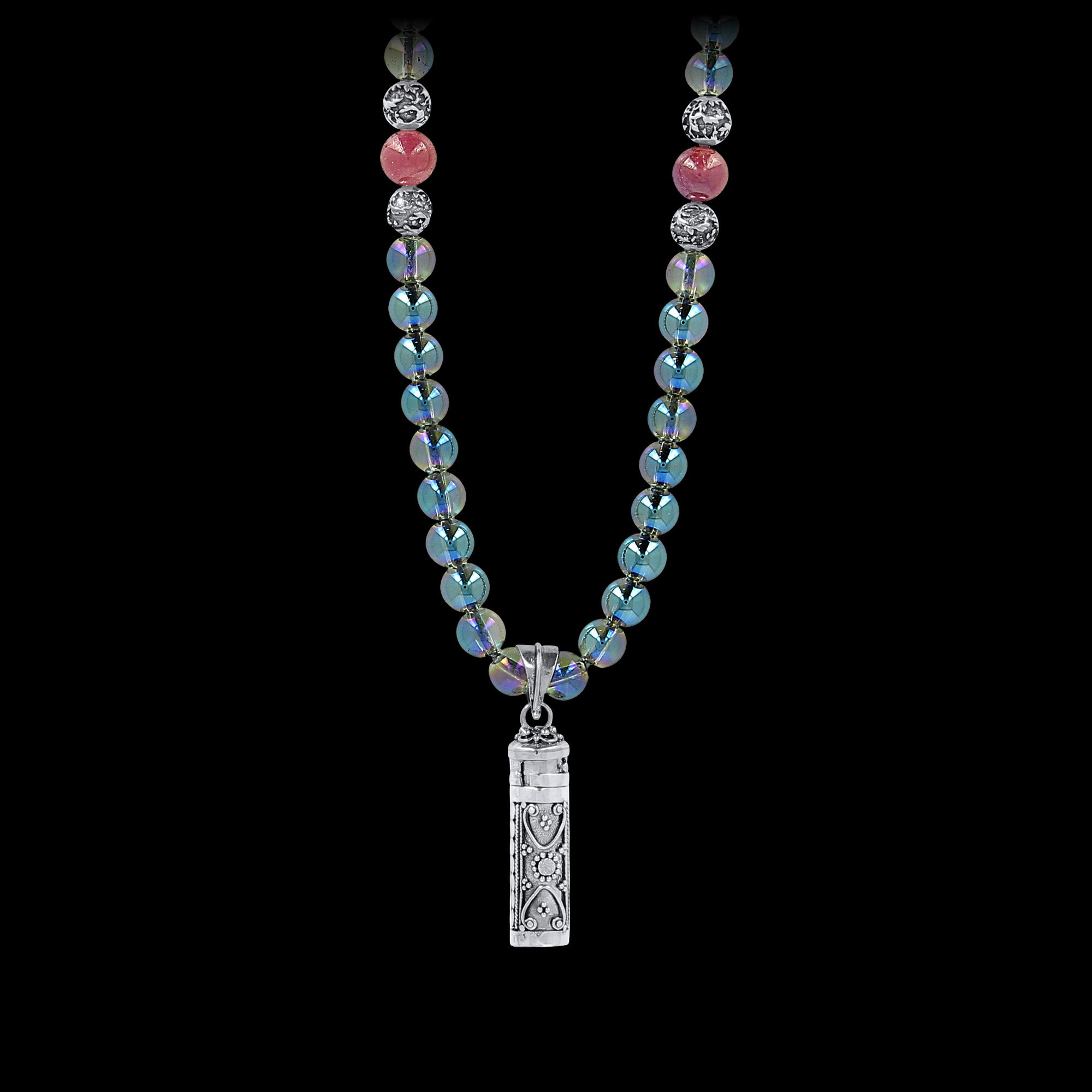 Parthenope - Long necklace in blue crystal quartz and rubies with prayer box