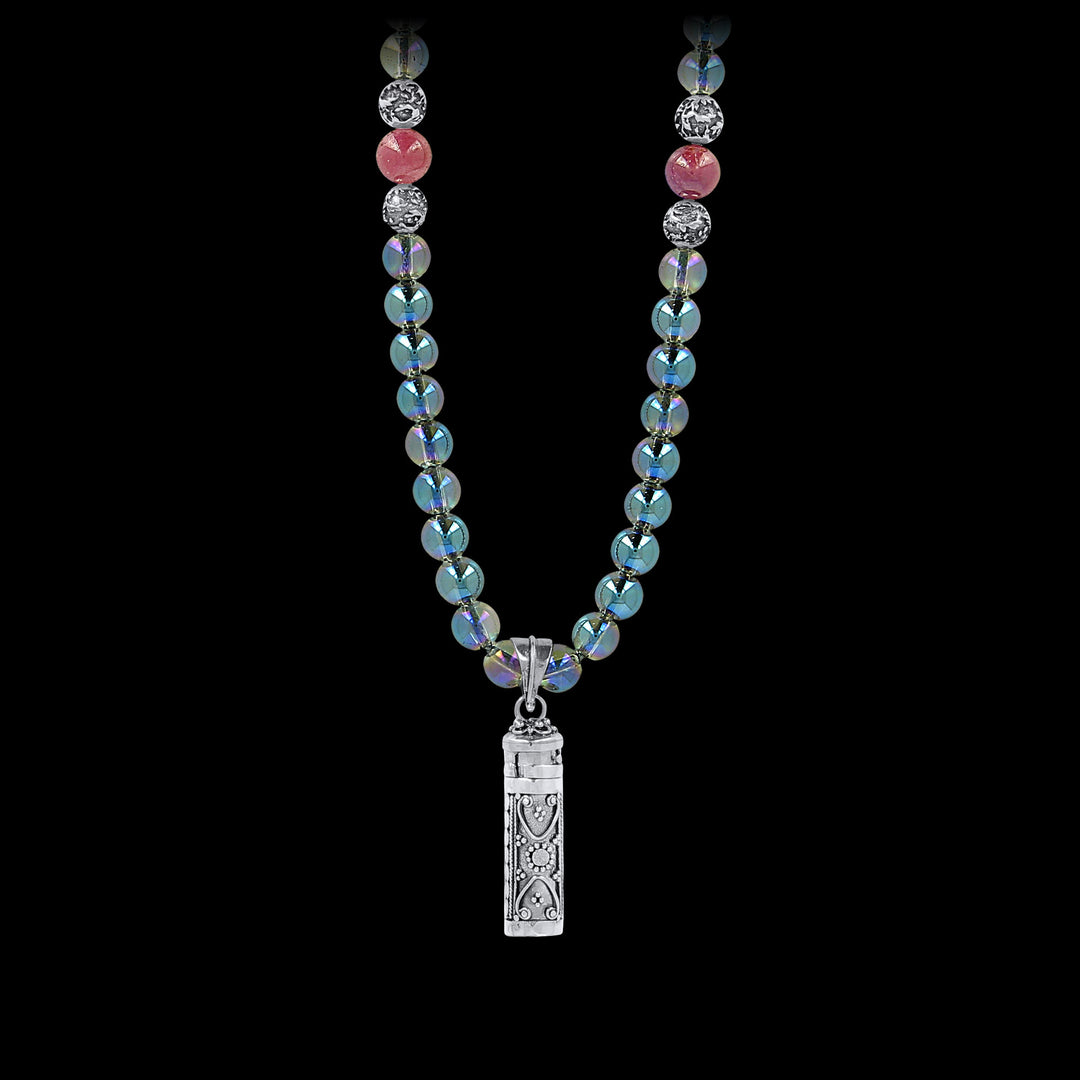 Parthenope - Sautoir en quartz cristal bleu et rubis avec boite à prière