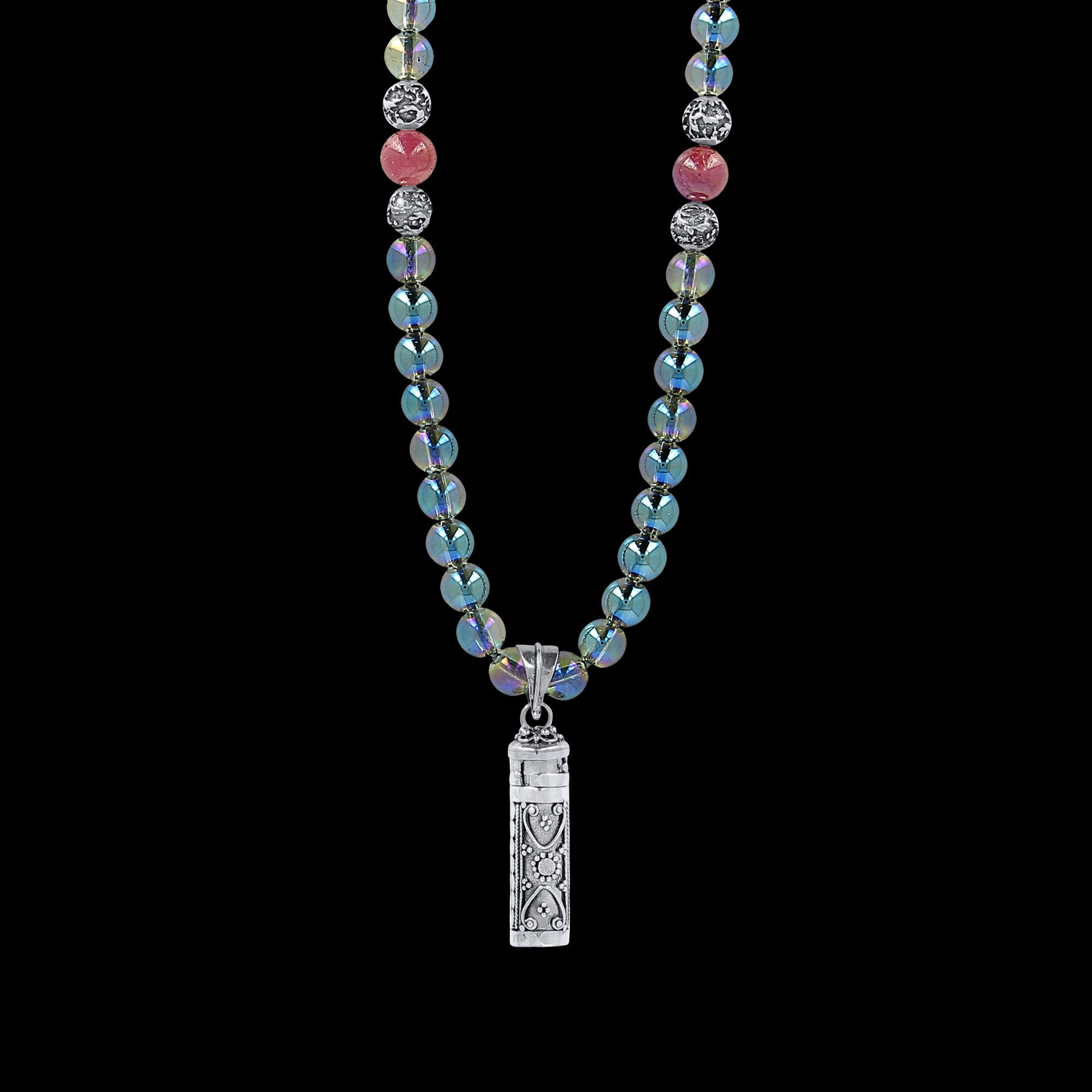 Parthenope - Sautoir en quartz cristal bleu et rubis avec boite à prière