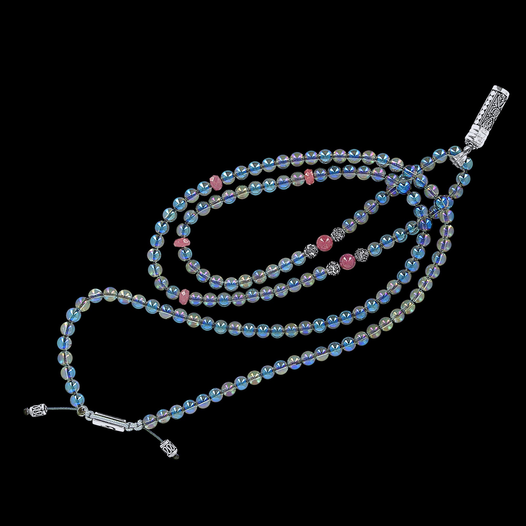 Parthenope - Long necklace in blue crystal quartz and rubies with prayer box