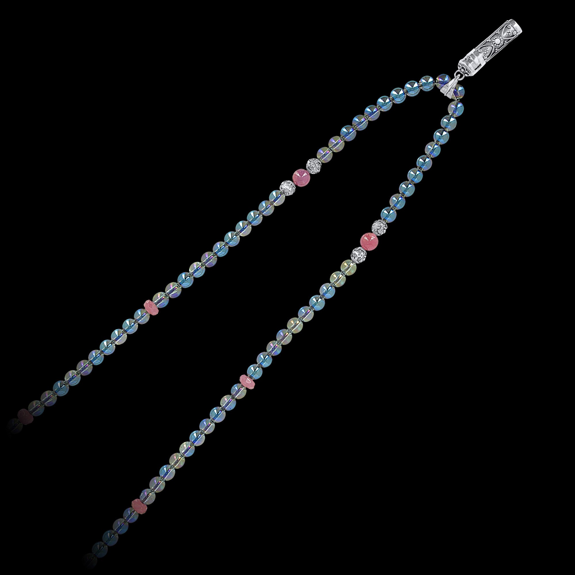 Parthenope - Long necklace in blue crystal quartz and rubies with prayer box