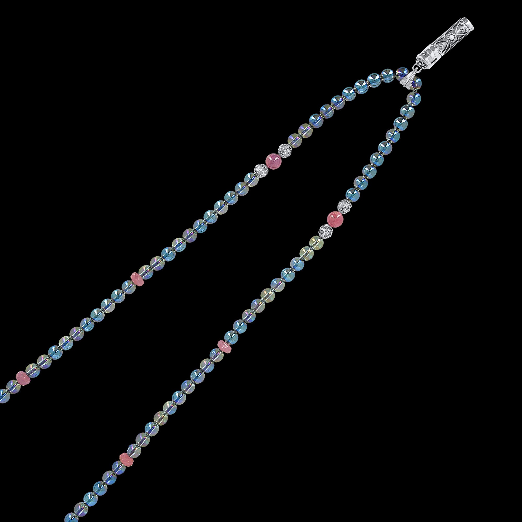 Parthenope - Long necklace in blue crystal quartz and rubies with prayer box