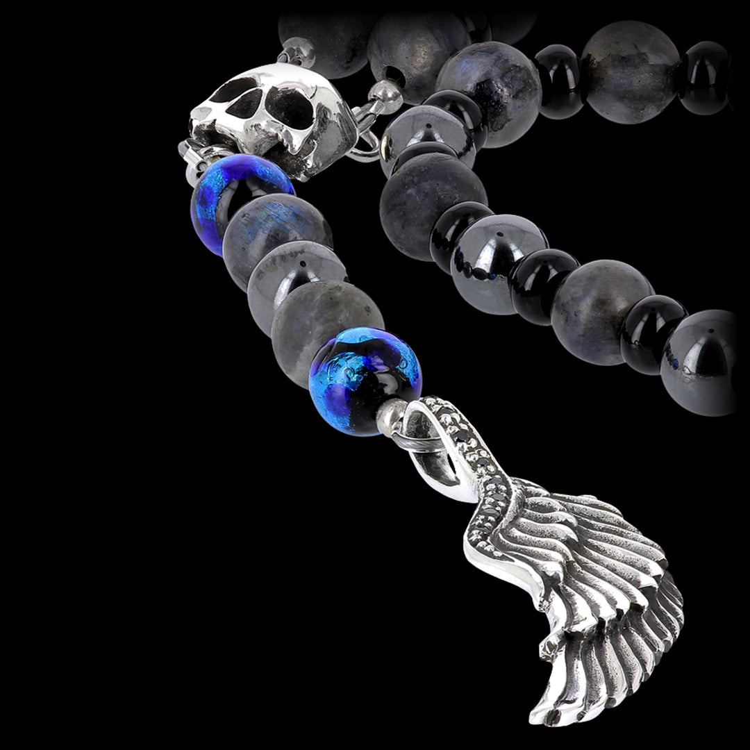 Angelwing Skull Okinawa - chapelet en argent, larvikite, hematite et perles Hotaru®