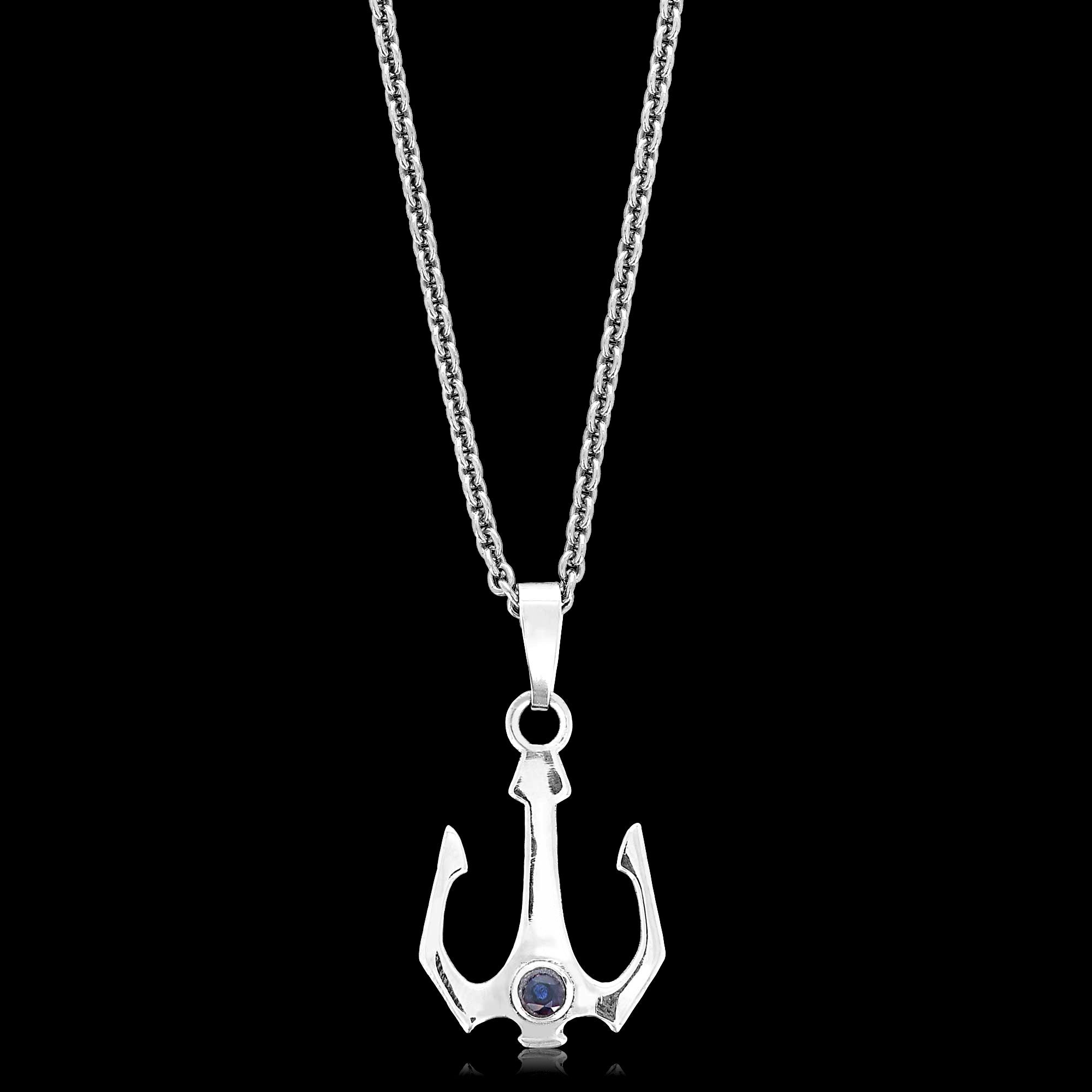 Sterling Silver Pendant - Trident with Sapphire blue Cz diamond