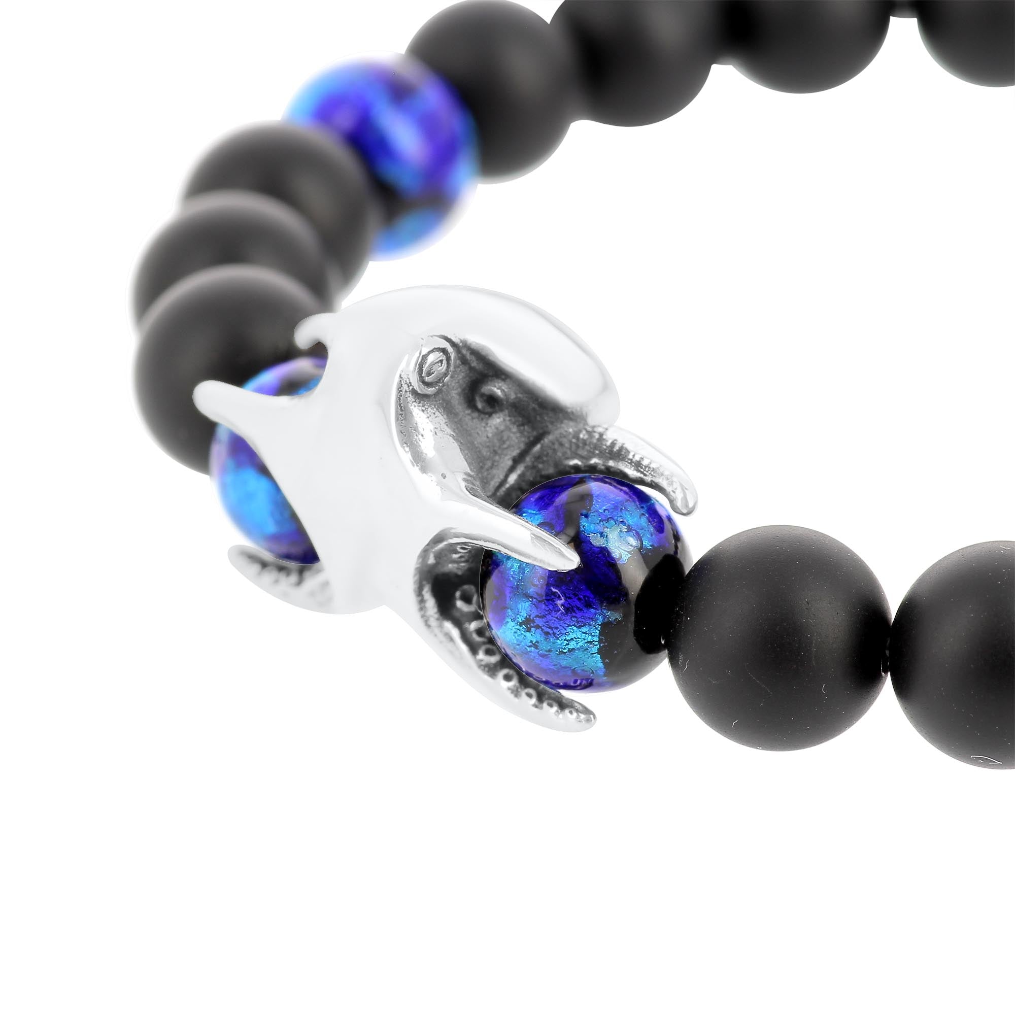 The Guardian - Bracelet en onyx mate et perles Hotaru© avec piece centrale en argent représentant une pieuvre.