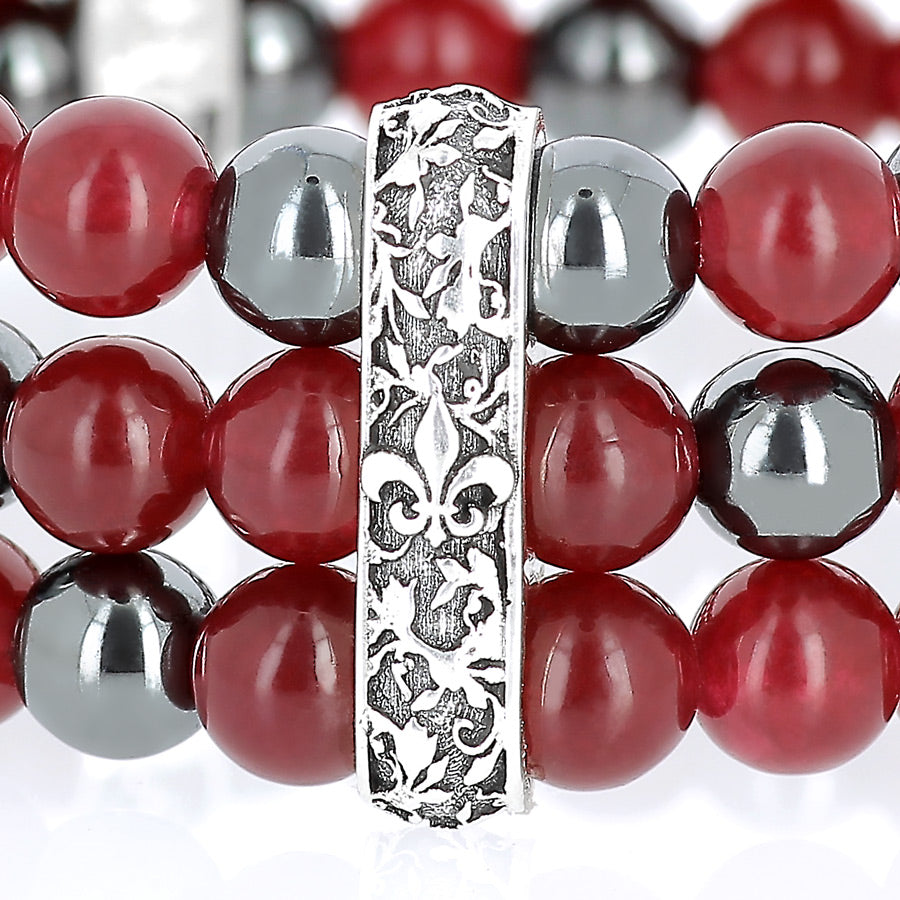Queen Mary - Bracelet 3 rangs en jade rouge, hematite et argent 925